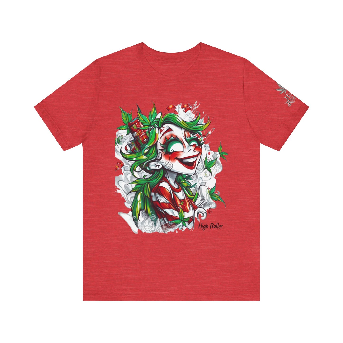 High Roller Jester Queen Cannabis T-Shirt - Premium 420 Harlequin Beauty Holiday Celebration Apparel