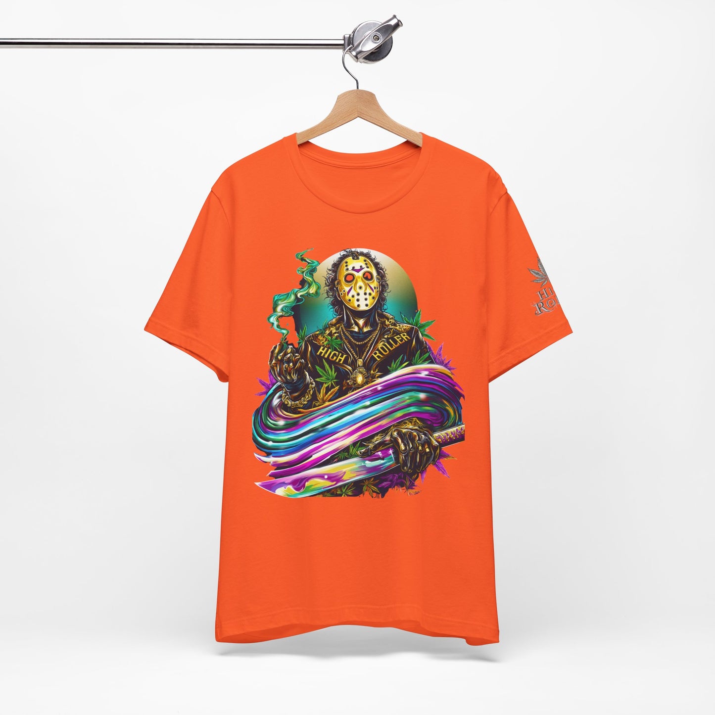 Psychedelic Jason Swoosh Cannabis T-Shirt - Premium Horror 420 Orange Edition Apparel
