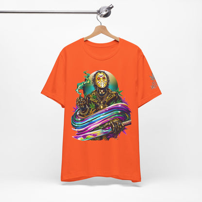 Psychedelic Jason Swoosh Cannabis T-Shirt - Premium Horror 420 Orange Edition Apparel