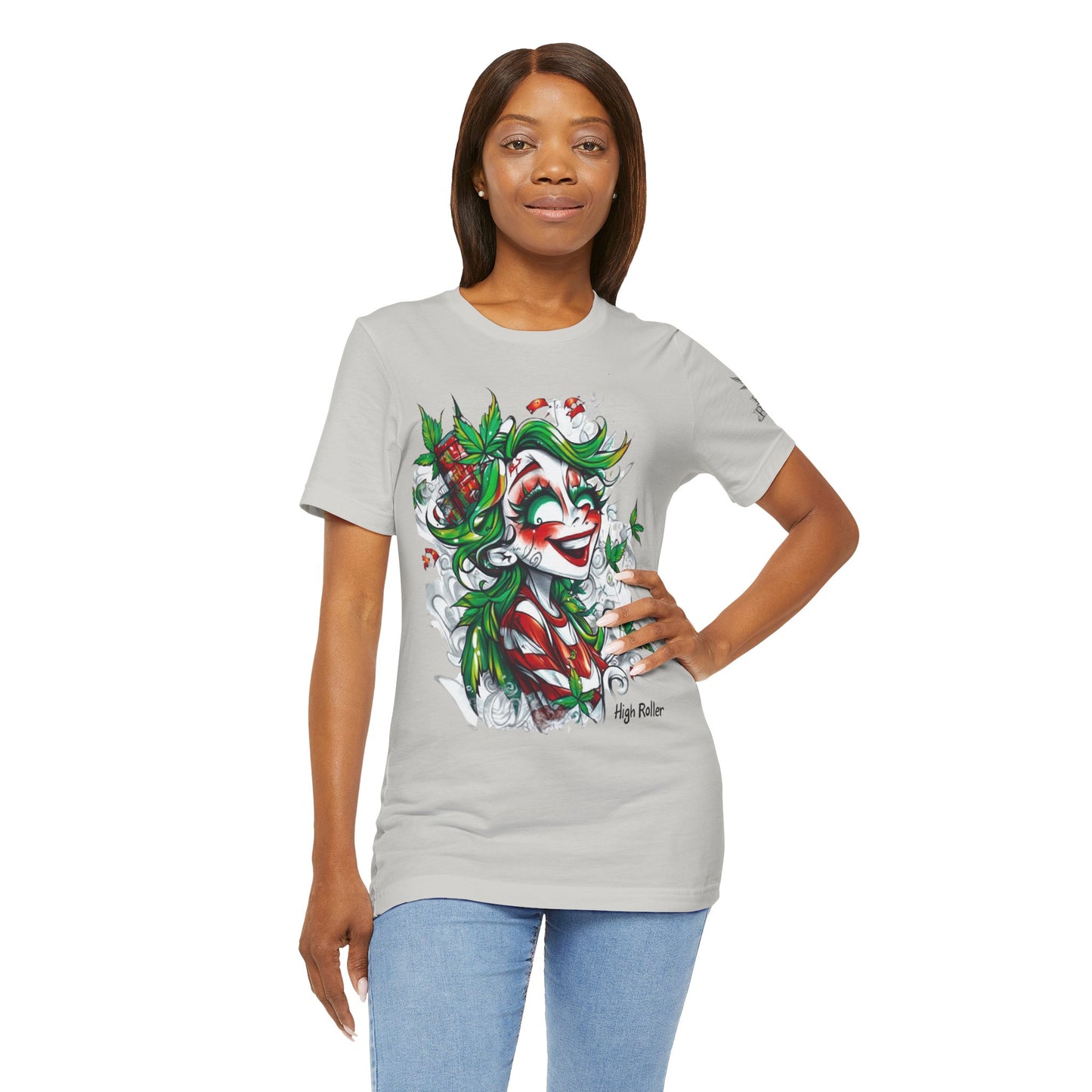High Roller Jester Queen Cannabis T-Shirt - Premium 420 Harlequin Beauty Holiday Celebration Apparel