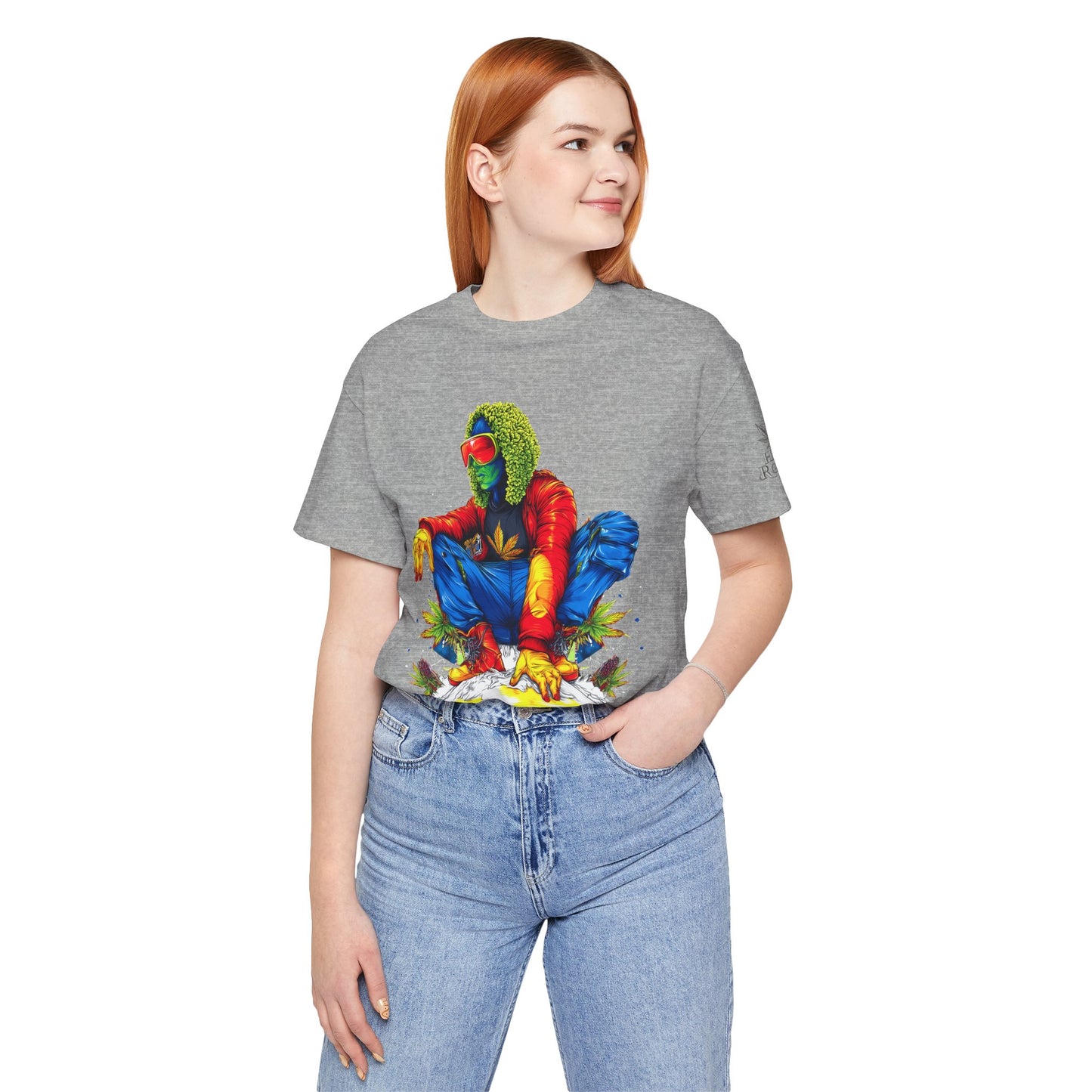Psychedelic Chill Premium Cannabis Culture T-Shirt - Vibrant Street Art With Rainbow Color Explosion And Meditative Pose