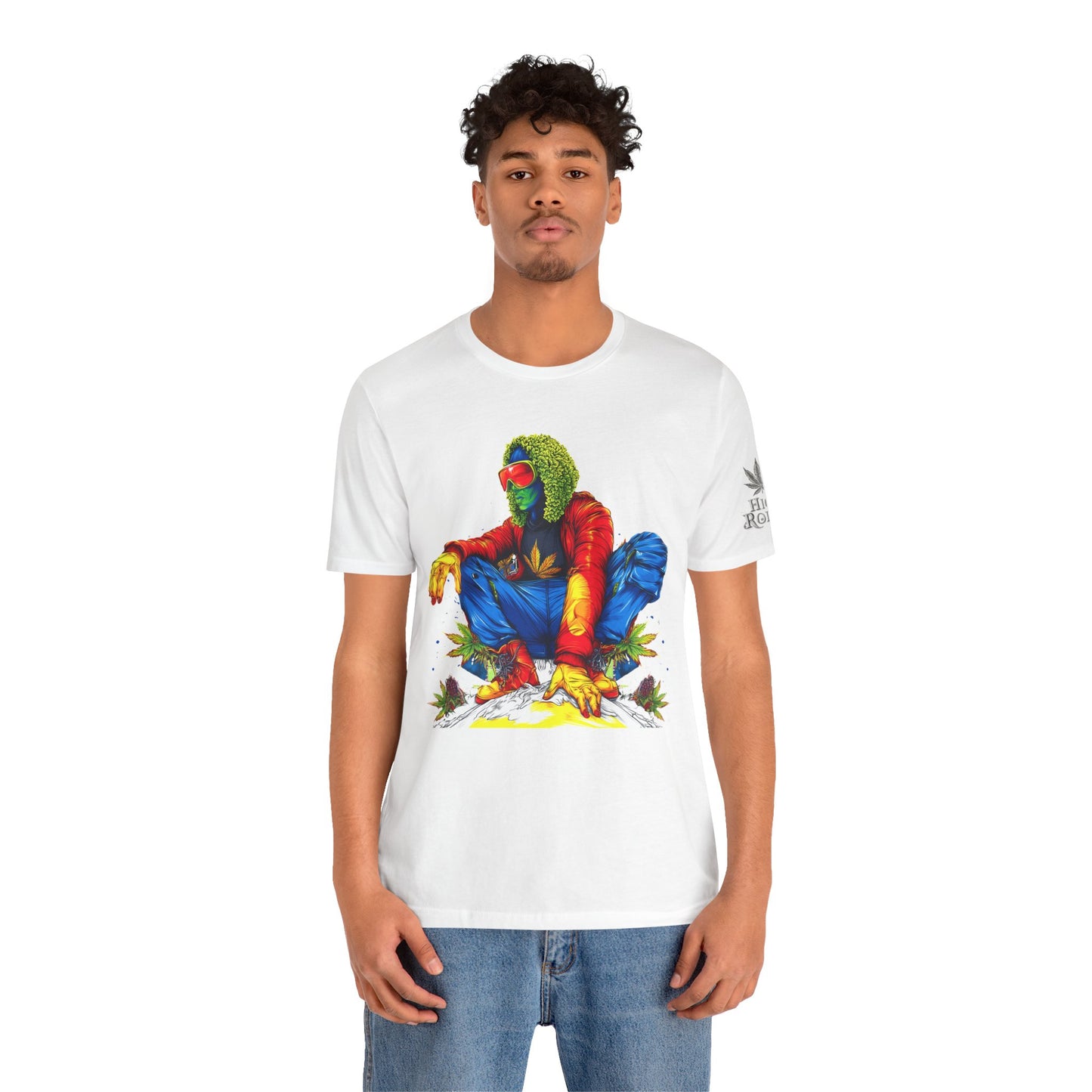 Psychedelic Chill Premium Cannabis Culture T-Shirt - Vibrant Street Art With Rainbow Color Explosion And Meditative Pose