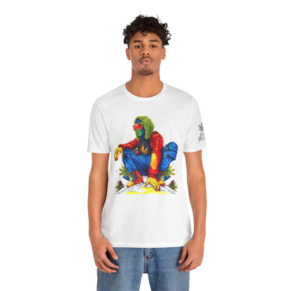 Psychedelic Chill Premium Cannabis Culture T-Shirt - Vibrant Street Art With Rainbow Color Explosion And Meditative Pose