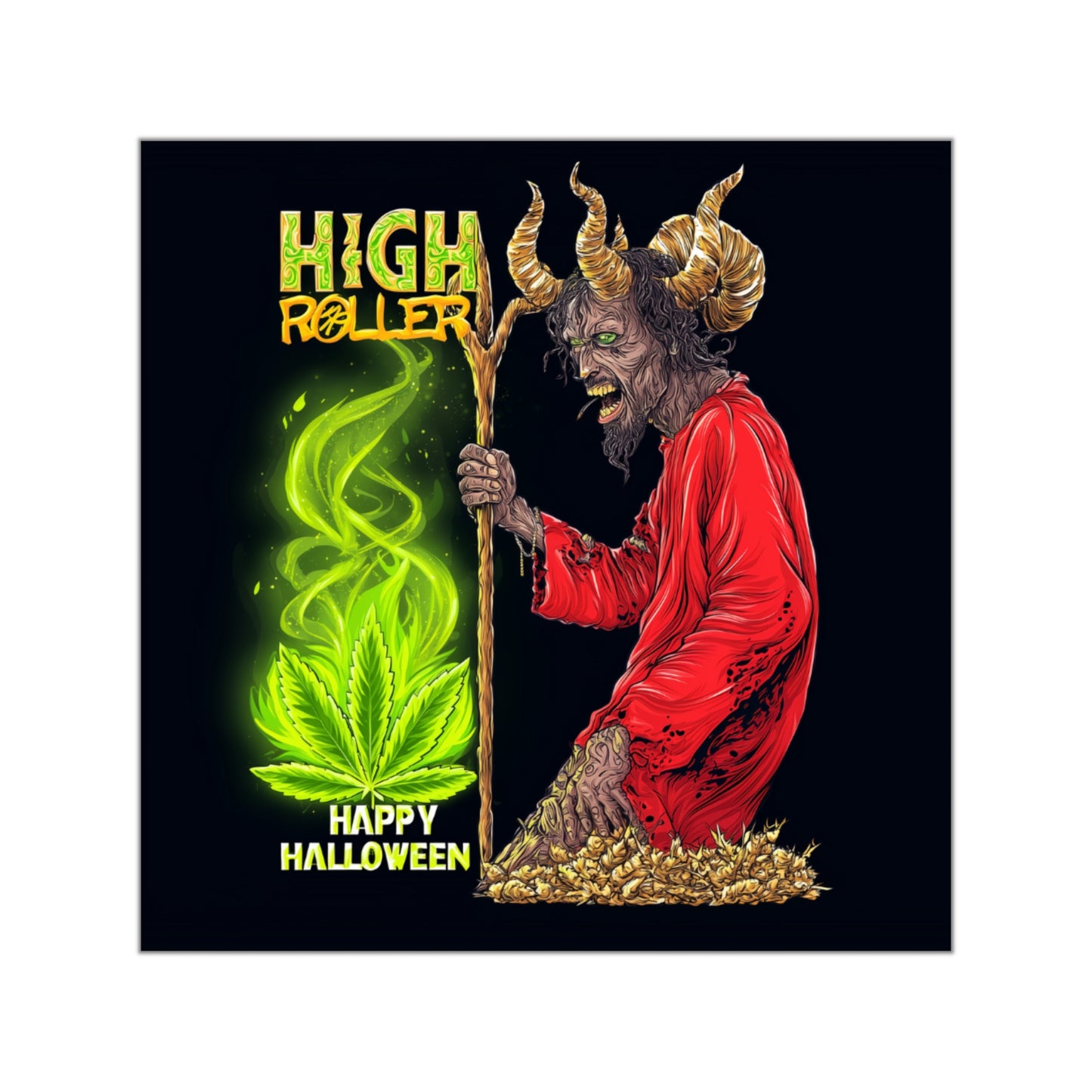 Happy Halloween Devil Cannabis Ritual Sticker - Luxury Demon Weed Sorcerer - HIGH ROLLER Premium 3x3 Vinyl