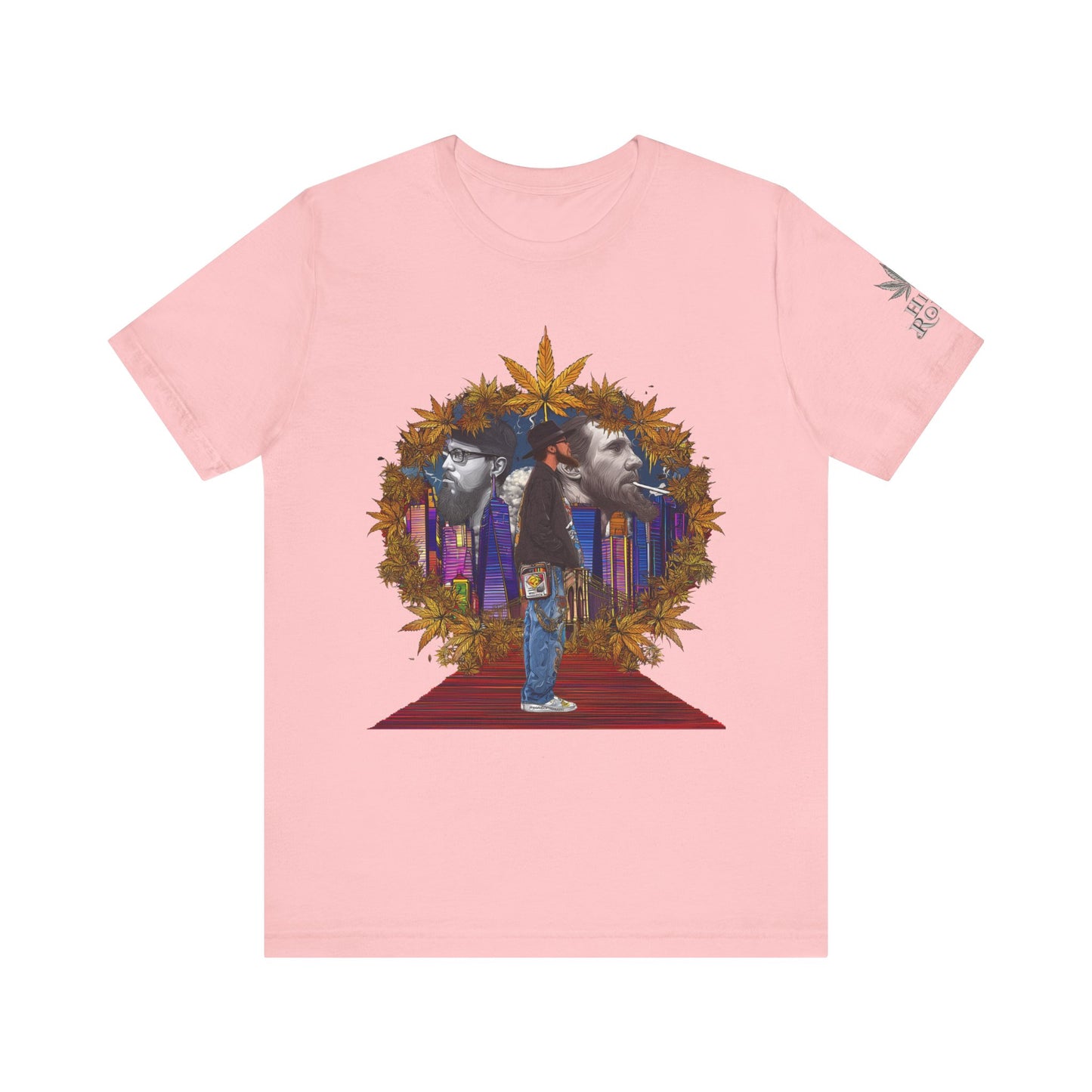 Red Carpet Royalty Premium Cannabis Culture T-Shirt - Hip-Hop Legends Tribute With Golden Cannabis Wreath And City Skyline