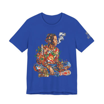 High Roller Meditation Mosaic Cannabis T-Shirt - Premium 420 Hip-Hop Zen Cross-Legged Street Culture Artistic Collage Apparel