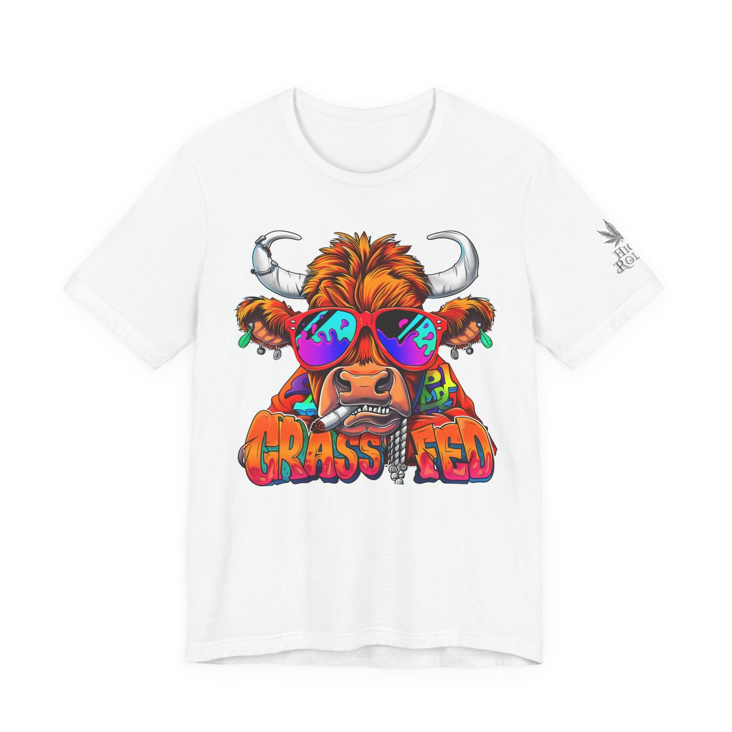 High Roller Grass Fed Cannabis T-Shirt - Premium 420 Highland Cow Humor Psychedelic Sunglasses Farm Culture Comedy Apparel