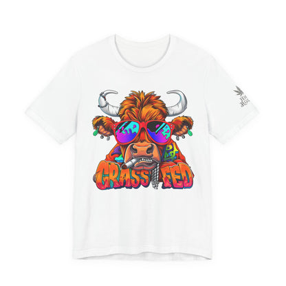 High Roller Grass Fed Cannabis T-Shirt - Premium 420 Highland Cow Humor Psychedelic Sunglasses Farm Culture Comedy Apparel