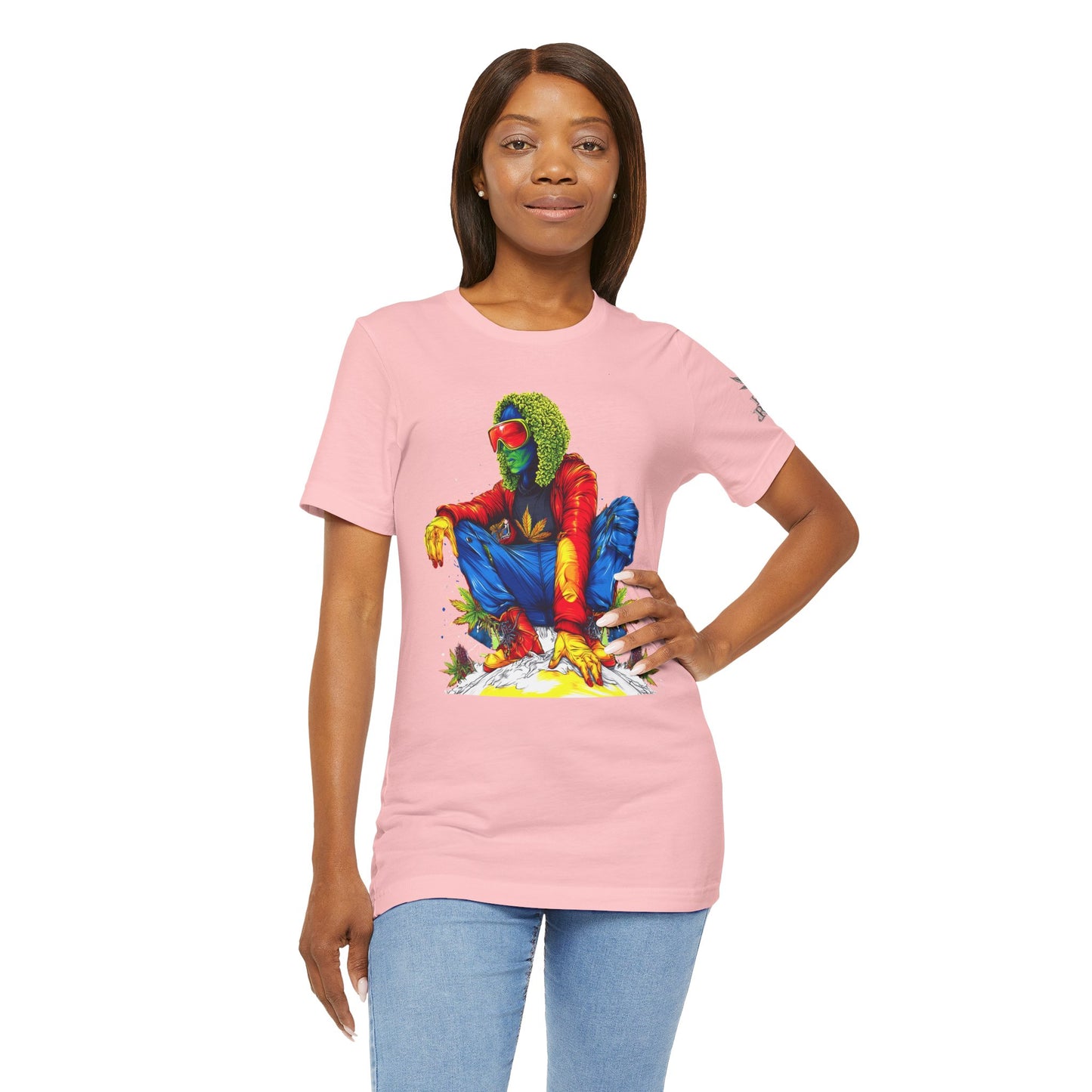 Psychedelic Chill Premium Cannabis Culture T-Shirt - Vibrant Street Art With Rainbow Color Explosion And Meditative Pose