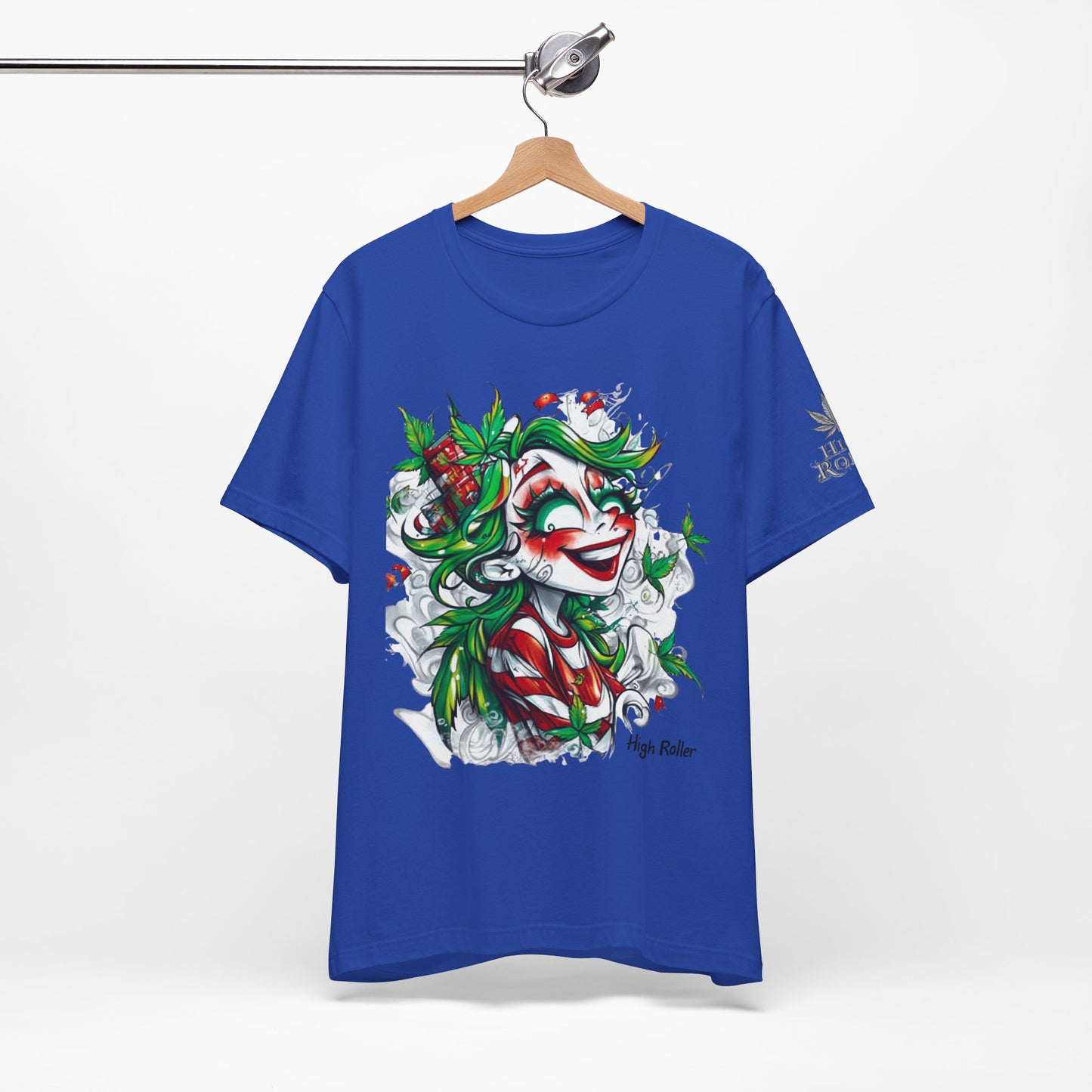 High Roller Jester Queen Cannabis T-Shirt - Premium 420 Harlequin Beauty Holiday Celebration Apparel