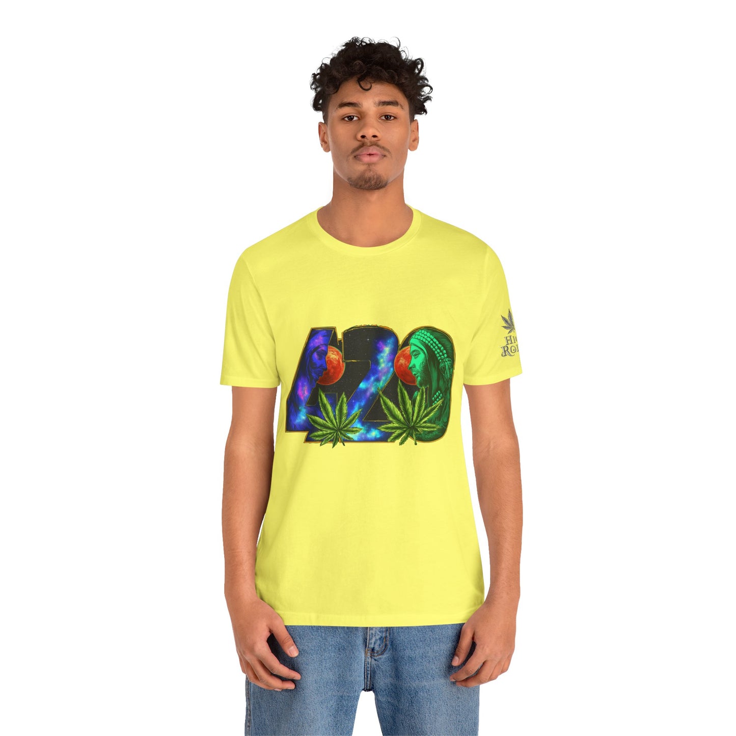 420 Cosmic Connection Premium Cannabis Culture T-Shirt - Bold Typography With Celestial Profiles And Luminous Cannabis Leaf Design