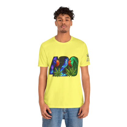 420 Cosmic Connection Premium Cannabis Culture T-Shirt - Bold Typography With Celestial Profiles And Luminous Cannabis Leaf Design