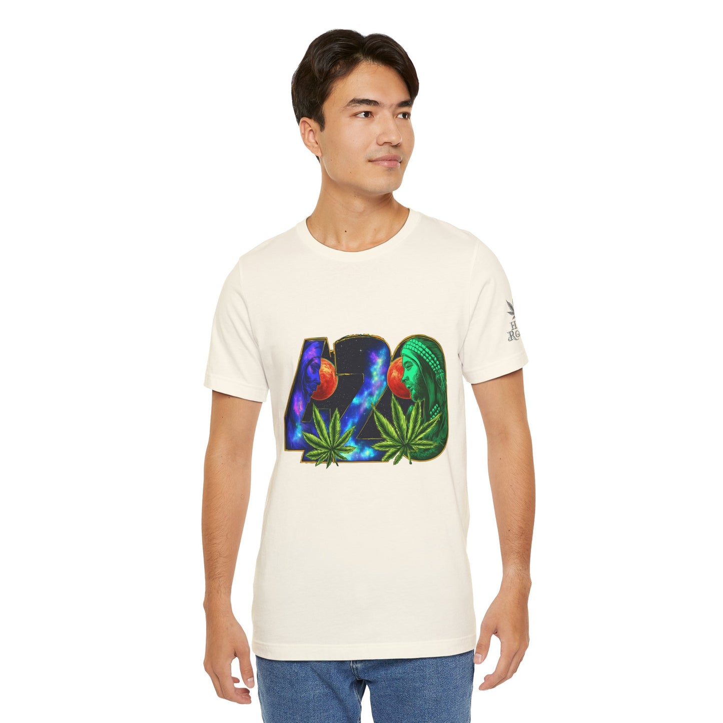 420 Cosmic Connection Premium Cannabis Culture T-Shirt - Bold Typography With Celestial Profiles And Luminous Cannabis Leaf Design