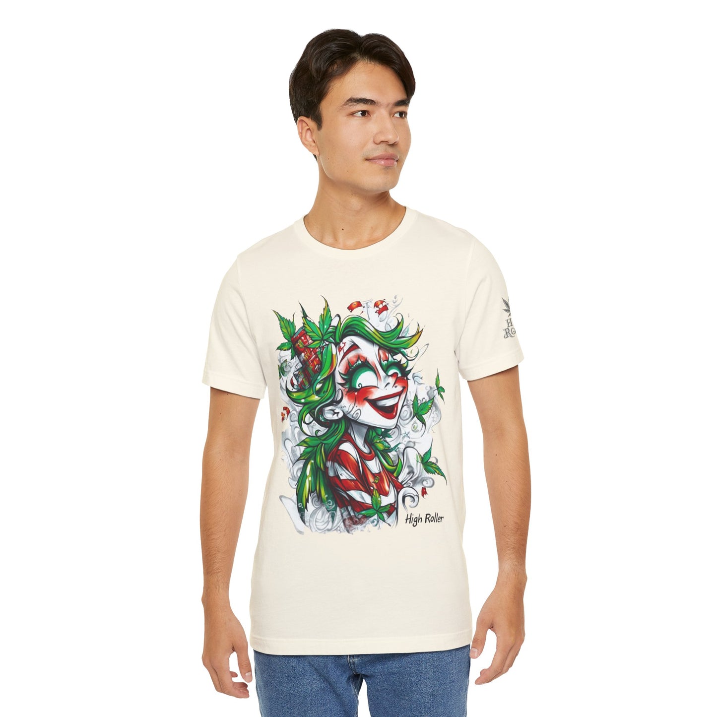 High Roller Jester Queen Cannabis T-Shirt - Premium 420 Harlequin Beauty Holiday Celebration Apparel