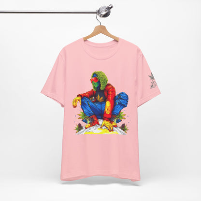 Psychedelic Chill Premium Cannabis Culture T-Shirt - Vibrant Street Art With Rainbow Color Explosion And Meditative Pose