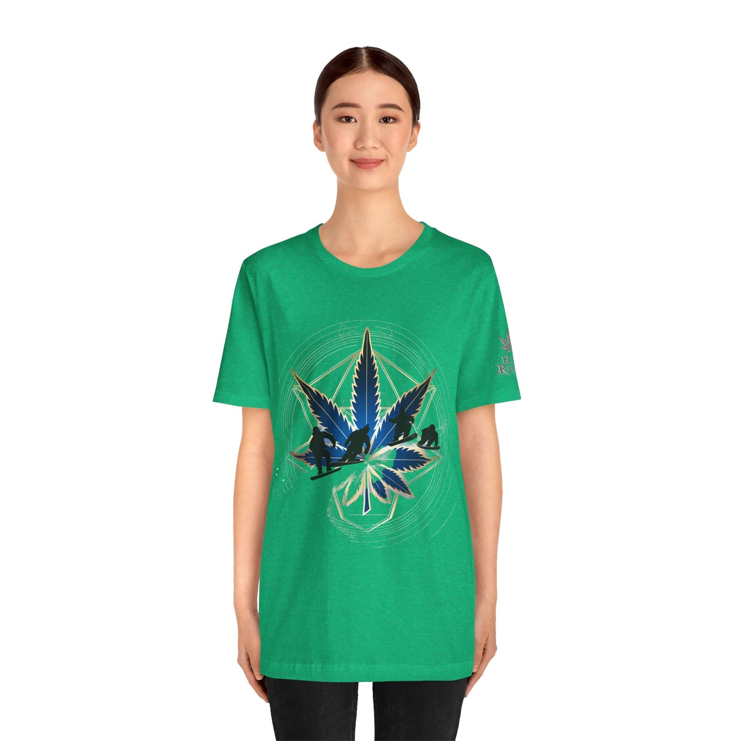 Sacred Geometry Snowboard Premium Cannabis Culture T-Shirt - Emerald Green Tee With Action Sports And Crystalline Cannabis Geometric Mandala