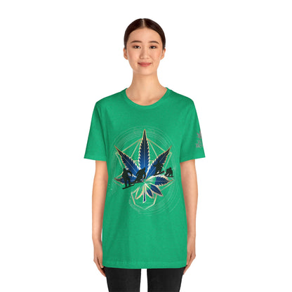 Sacred Geometry Snowboard Premium Cannabis Culture T-Shirt - Emerald Green Tee With Action Sports And Crystalline Cannabis Geometric Mandala