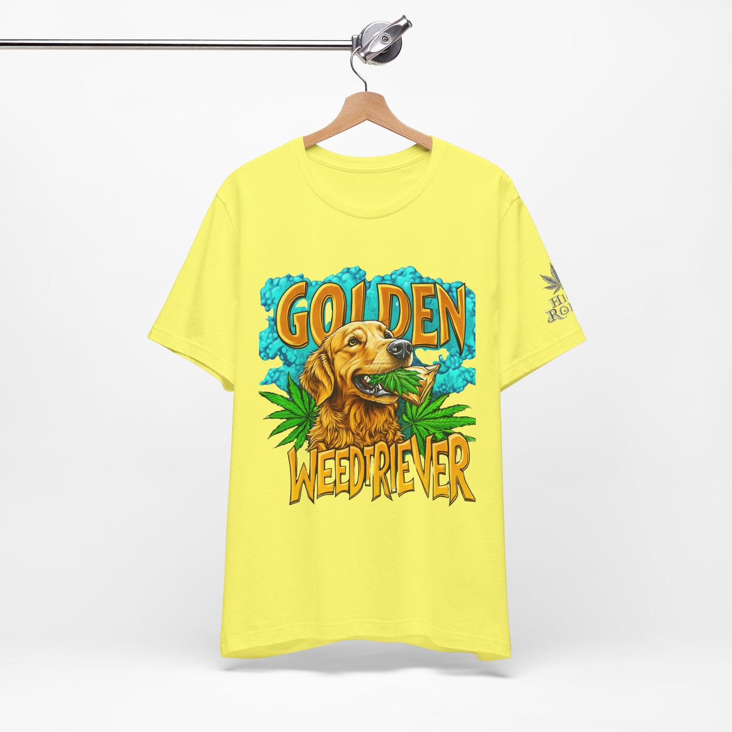 High Roller Golden Weedtriever Cannabis T-Shirt - Premium 420 Dog Lover Humor Golden Retriever Pun Comedy Pet Culture Apparel