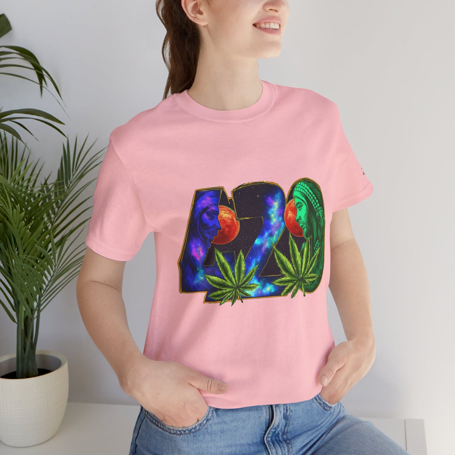 420 Cosmic Connection Premium Cannabis Culture T-Shirt - Bold Typography With Celestial Profiles And Luminous Cannabis Leaf Design