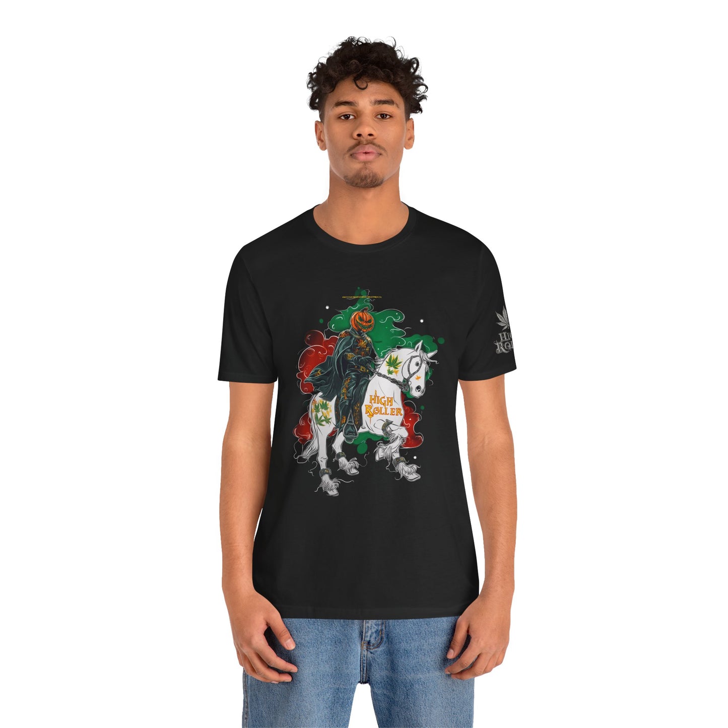 Headless Horseman HIGH ROLLER Halloween Cannabis T-Shirt - Premium Pumpkin Rider Skeletal Steed 420 Apparel