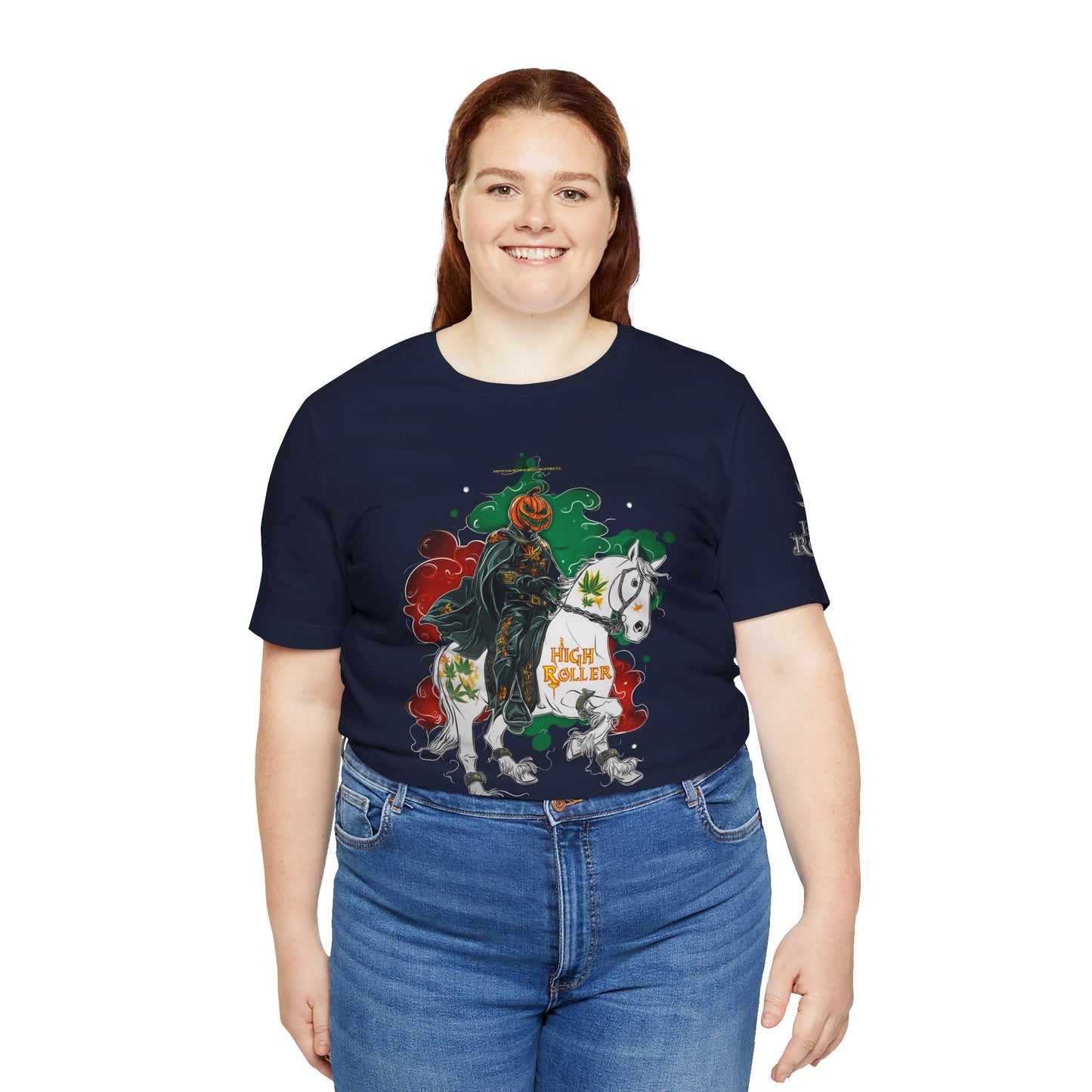 Headless Horseman HIGH ROLLER Halloween Cannabis T-Shirt - Premium Pumpkin Rider Skeletal Steed 420 Apparel