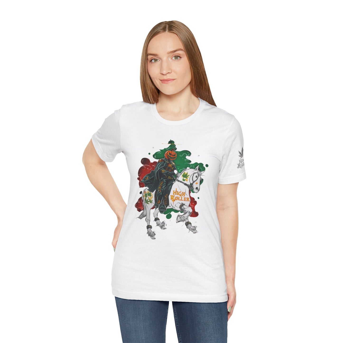 Headless Horseman HIGH ROLLER Halloween Cannabis T-Shirt - Premium Pumpkin Rider Skeletal Steed 420 Apparel