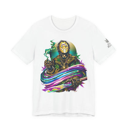 Psychedelic Jason Swoosh Cannabis T-Shirt - Premium Horror 420 Orange Edition Apparel