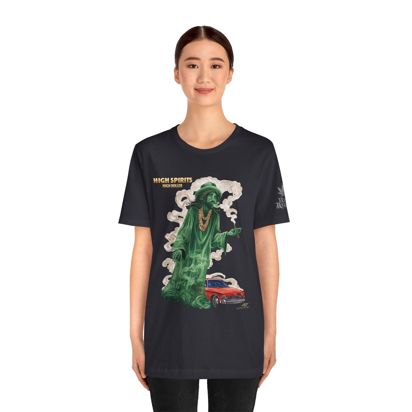 High Spirits HIGH ROLLER Halloween Cannabis Ghost T-Shirt - Premium Spectral Lowrider Phantom 420 Apparel