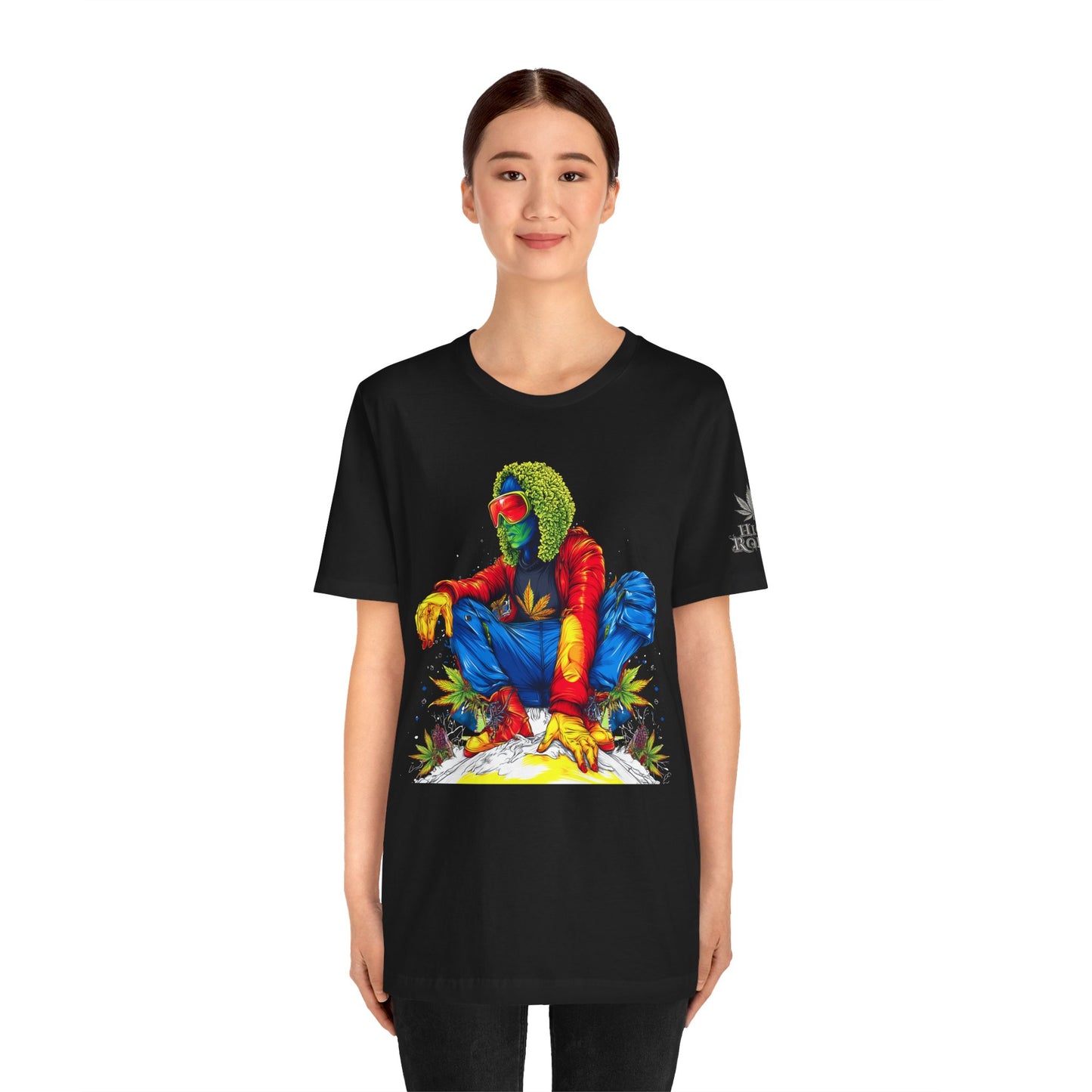 Psychedelic Chill Premium Cannabis Culture T-Shirt - Vibrant Street Art With Rainbow Color Explosion And Meditative Pose
