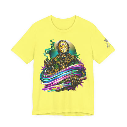 Psychedelic Jason Swoosh Cannabis T-Shirt - Premium Horror 420 Orange Edition Apparel