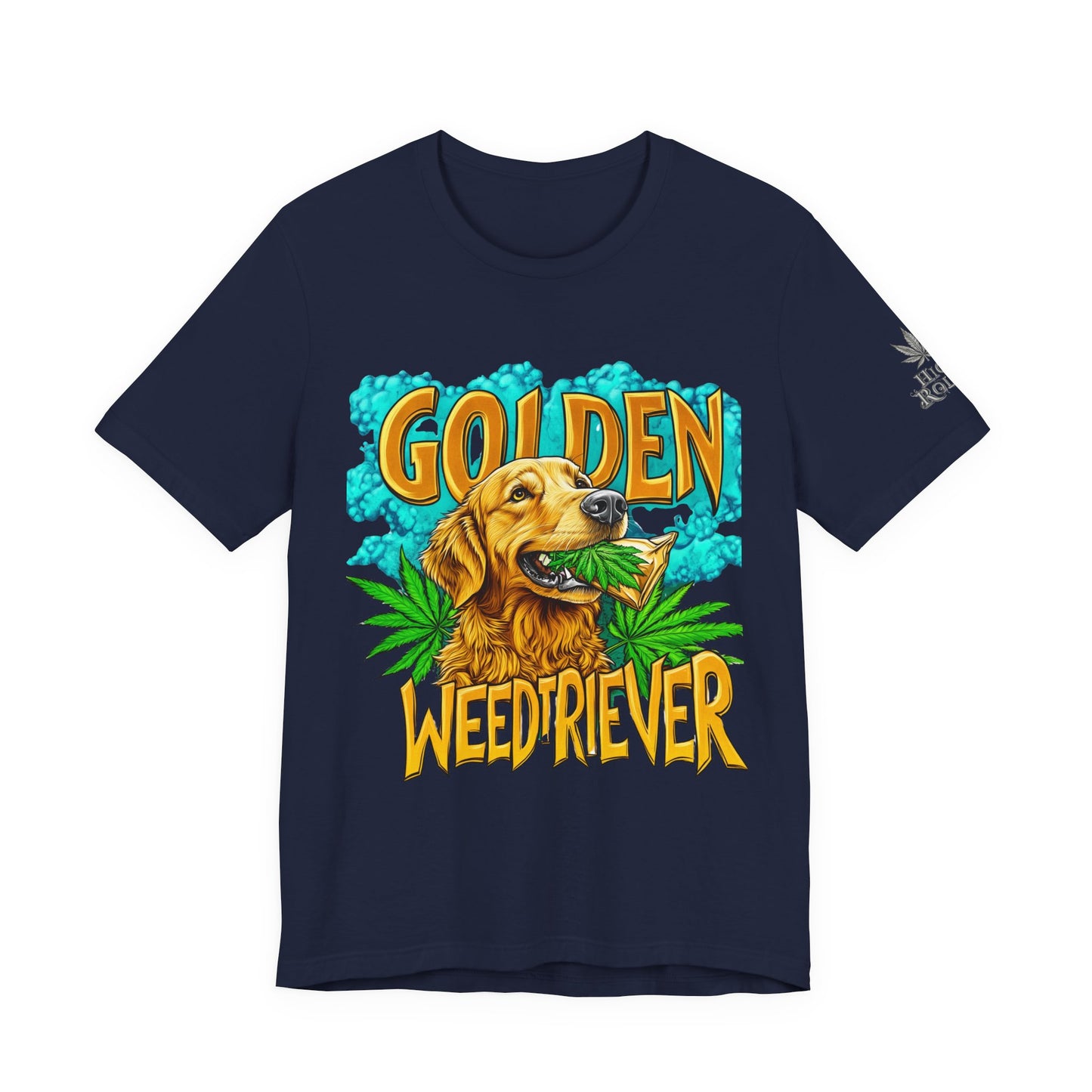 High Roller Golden Weedtriever Cannabis T-Shirt - Premium 420 Dog Lover Humor Golden Retriever Pun Comedy Pet Culture Apparel