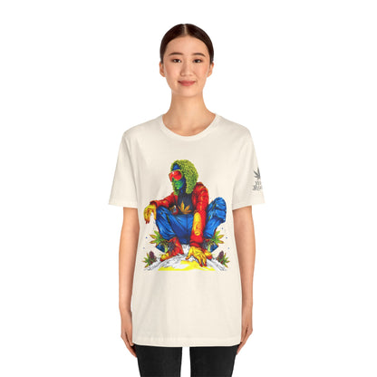 Psychedelic Chill Premium Cannabis Culture T-Shirt - Vibrant Street Art With Rainbow Color Explosion And Meditative Pose