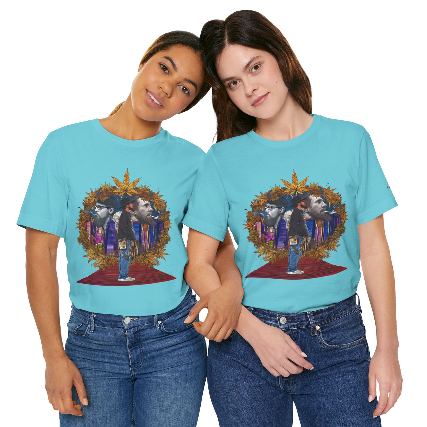 Red Carpet Royalty Premium Cannabis Culture T-Shirt - Hip-Hop Legends Tribute With Golden Cannabis Wreath And City Skyline