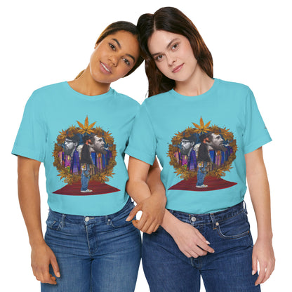 Red Carpet Royalty Premium Cannabis Culture T-Shirt - Hip-Hop Legends Tribute With Golden Cannabis Wreath And City Skyline
