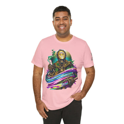 Psychedelic Jason Swoosh Cannabis T-Shirt - Premium Horror 420 Orange Edition Apparel