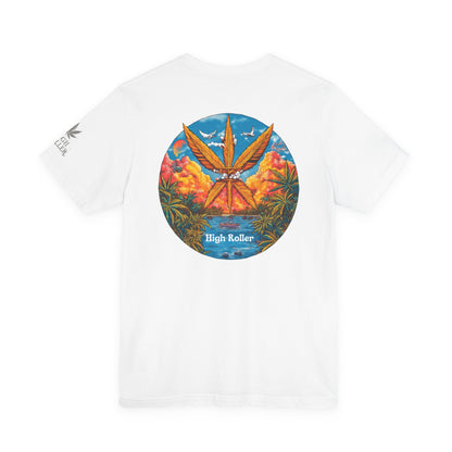 Cannabis Paradise Circle Tee - Tropical Sunset Art Design | High Roller