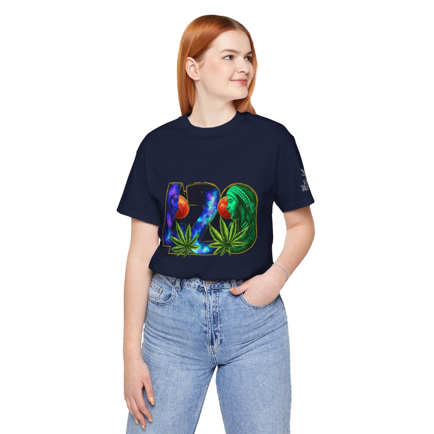 420 Cosmic Connection Premium Cannabis Culture T-Shirt - Bold Typography With Celestial Profiles And Luminous Cannabis Leaf Design