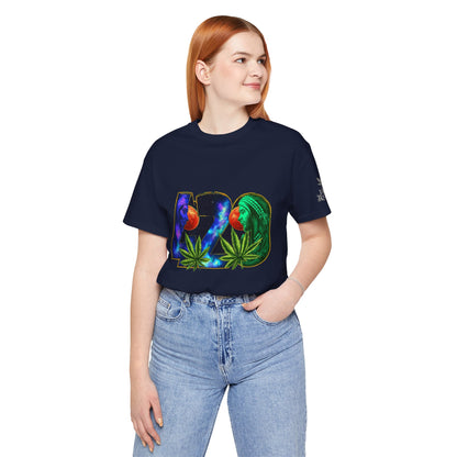 420 Cosmic Connection Premium Cannabis Culture T-Shirt - Bold Typography With Celestial Profiles And Luminous Cannabis Leaf Design