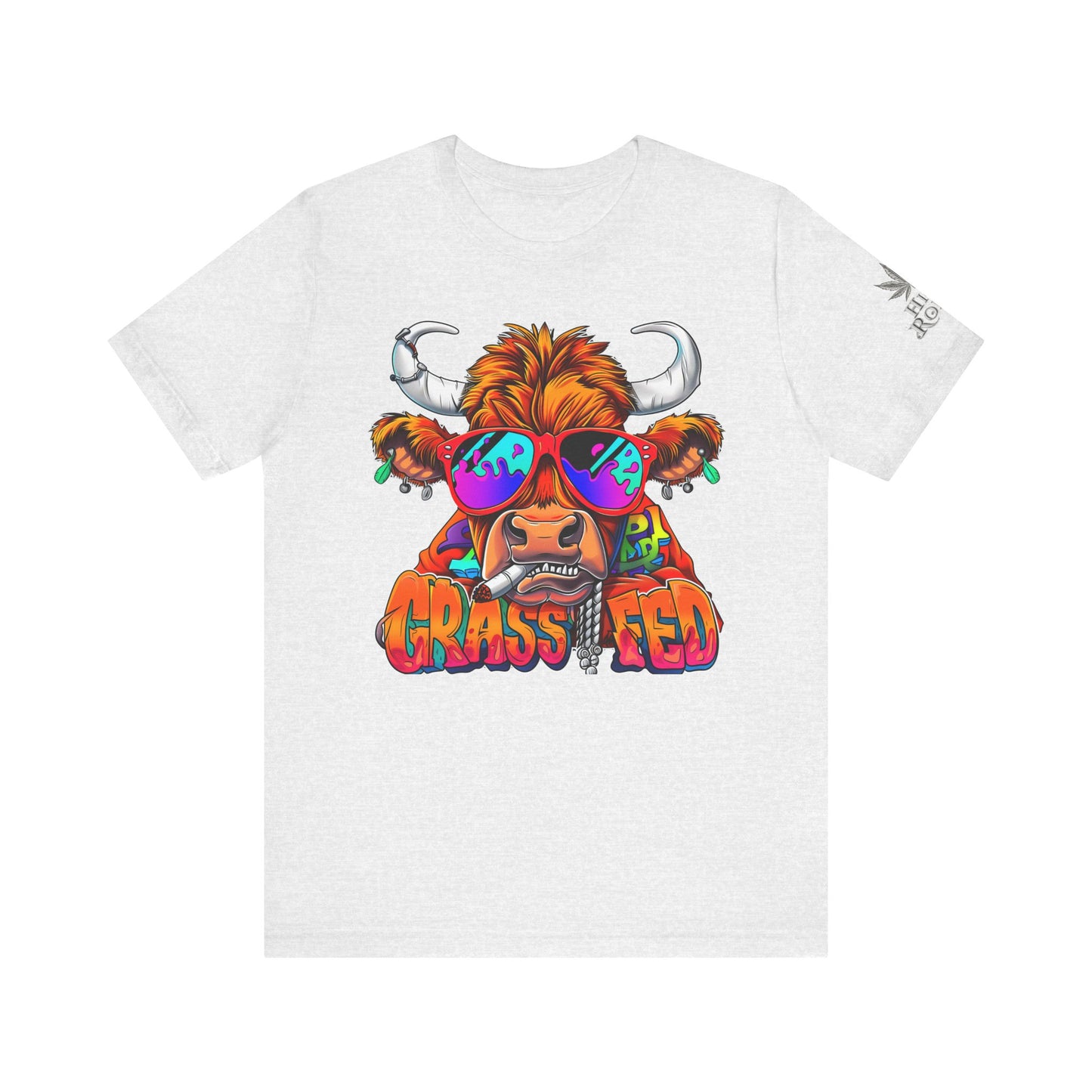 High Roller Grass Fed Cannabis T-Shirt - Premium 420 Highland Cow Humor Psychedelic Sunglasses Farm Culture Comedy Apparel
