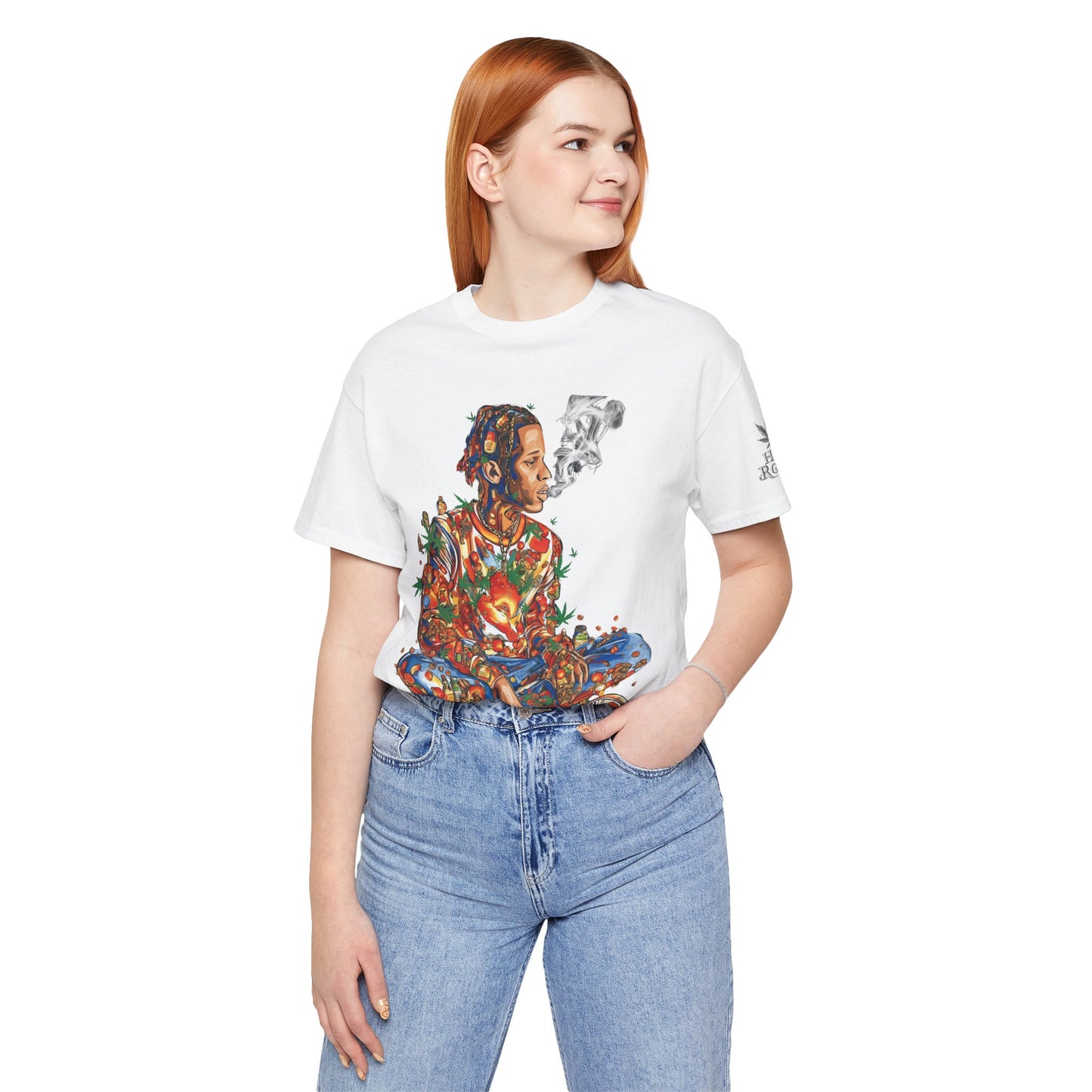 High Roller Meditation Mosaic Cannabis T-Shirt - Premium 420 Hip-Hop Zen Cross-Legged Street Culture Artistic Collage Apparel