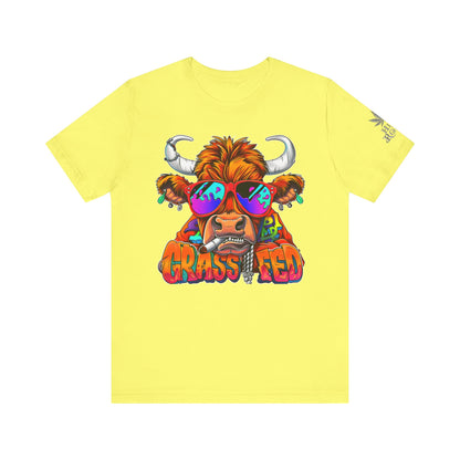 High Roller Grass Fed Cannabis T-Shirt - Premium 420 Highland Cow Humor Psychedelic Sunglasses Farm Culture Comedy Apparel
