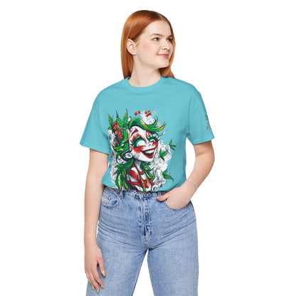 High Roller Jester Queen Cannabis T-Shirt - Premium 420 Harlequin Beauty Holiday Celebration Apparel