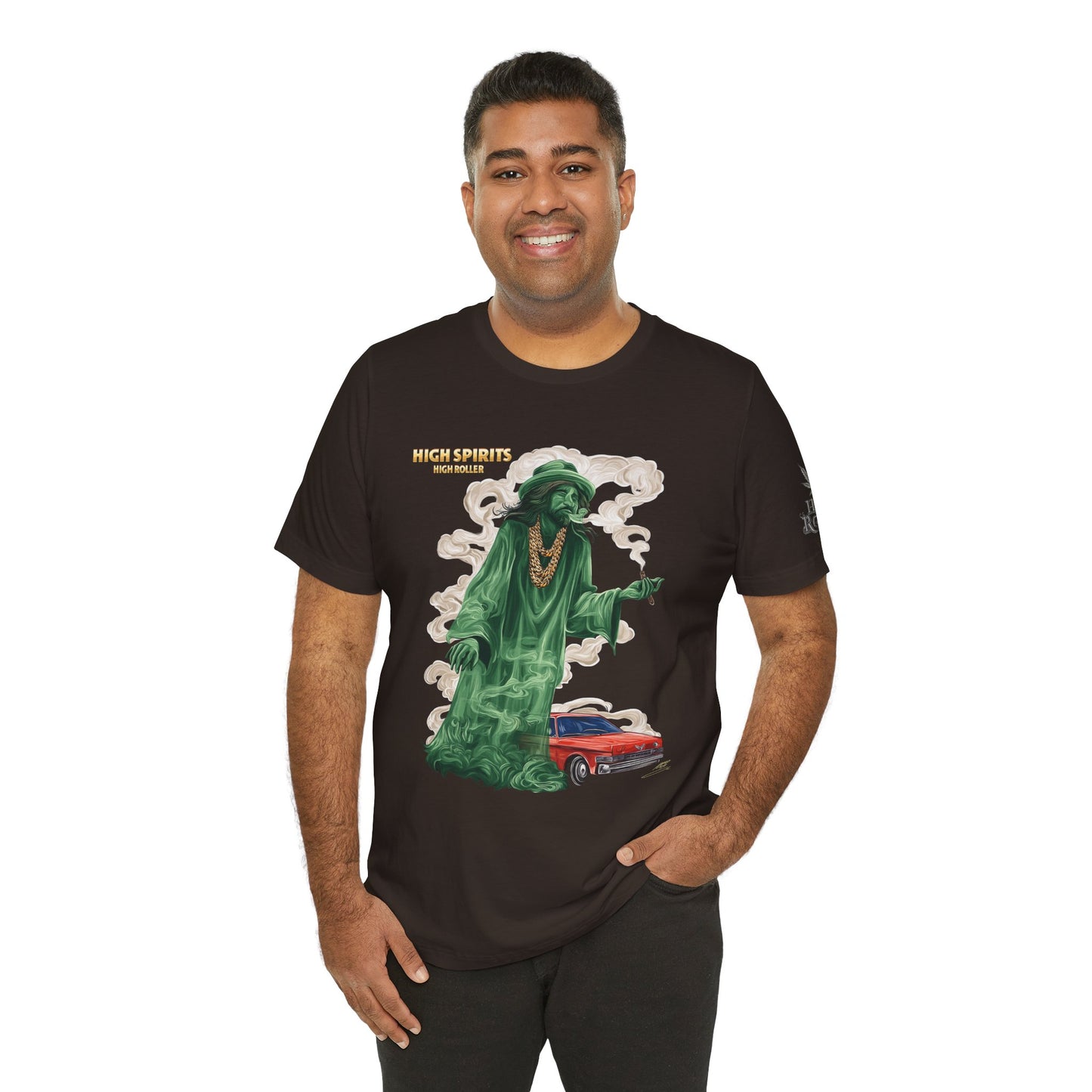 High Spirits HIGH ROLLER Halloween Cannabis Ghost T-Shirt - Premium Spectral Lowrider Phantom 420 Apparel