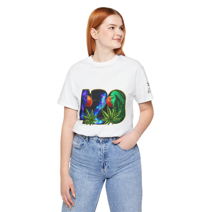 420 Cosmic Connection Premium Cannabis Culture T-Shirt - Bold Typography With Celestial Profiles And Luminous Cannabis Leaf Design