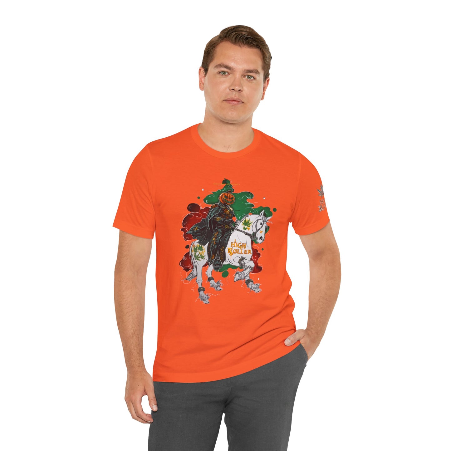 Headless Horseman HIGH ROLLER Halloween Cannabis T-Shirt - Premium Pumpkin Rider Skeletal Steed 420 Apparel