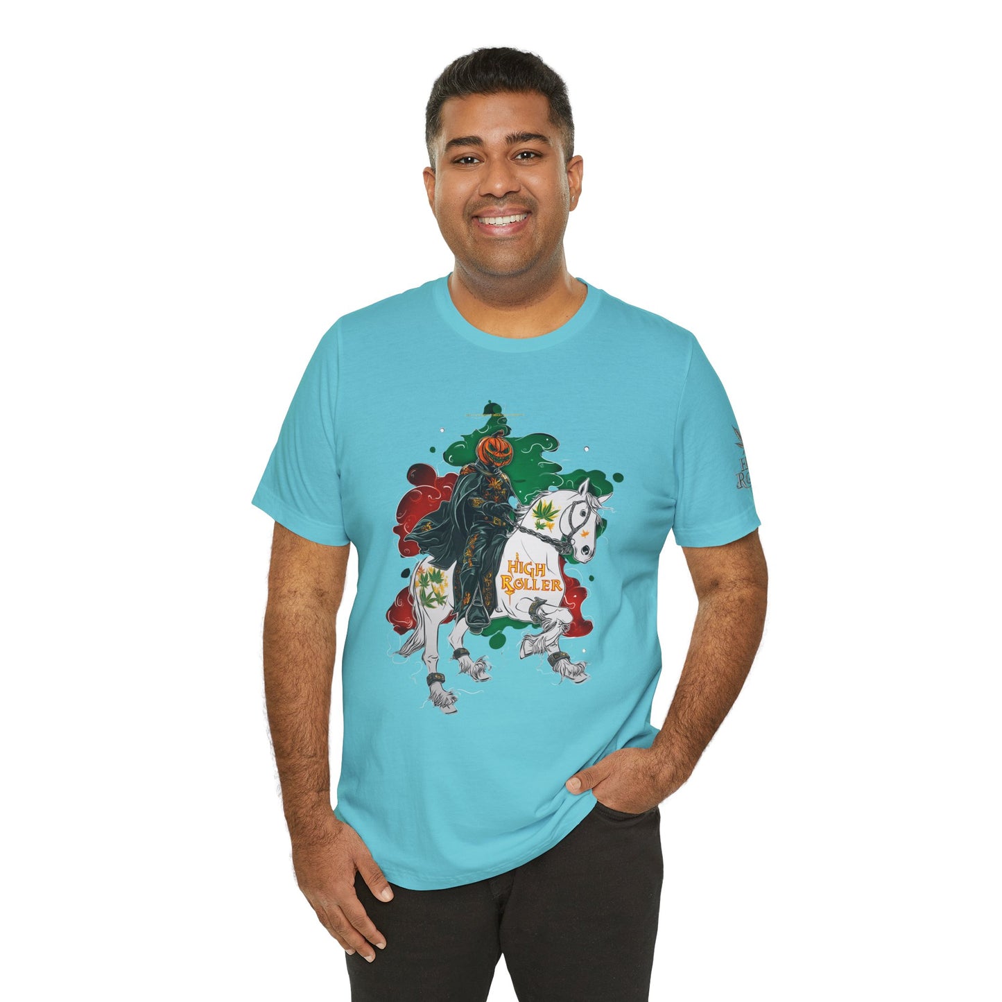 Headless Horseman HIGH ROLLER Halloween Cannabis T-Shirt - Premium Pumpkin Rider Skeletal Steed 420 Apparel