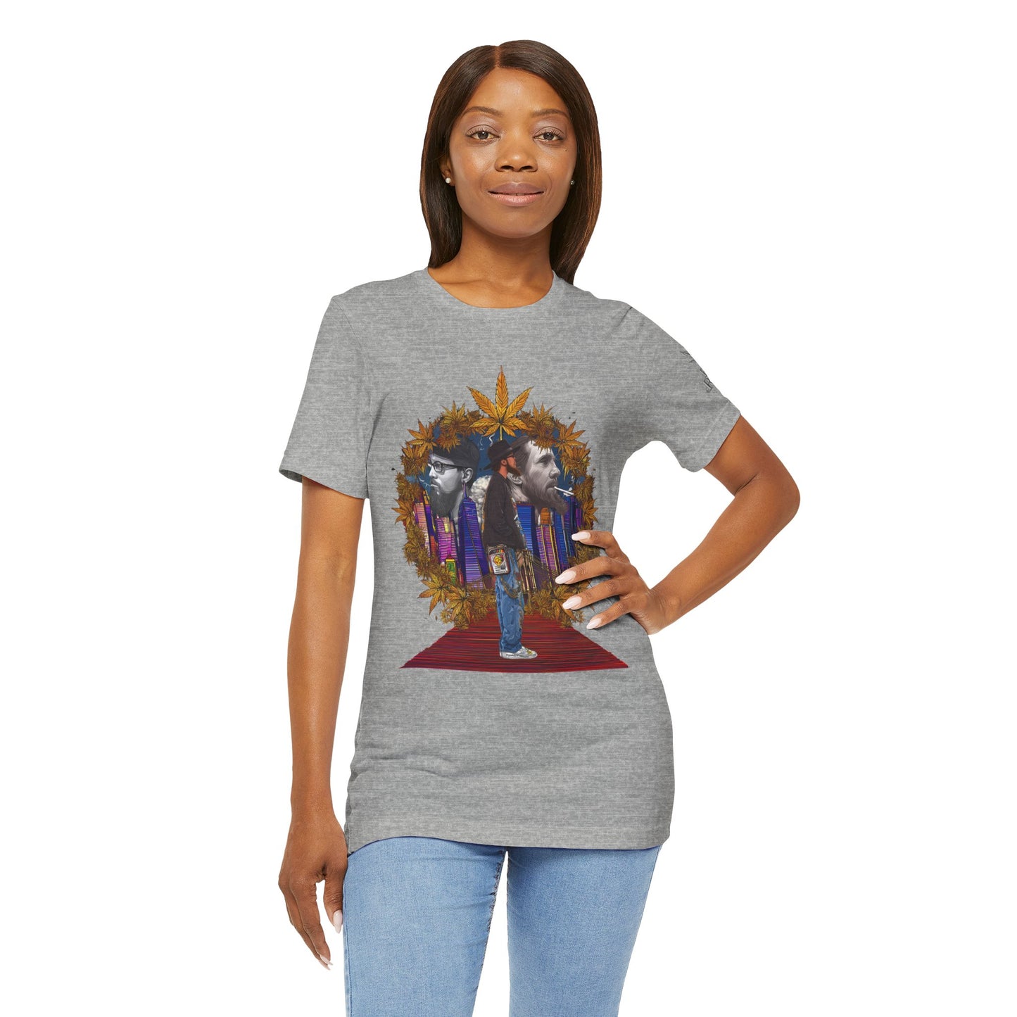 Red Carpet Royalty Premium Cannabis Culture T-Shirt - Hip-Hop Legends Tribute With Golden Cannabis Wreath And City Skyline