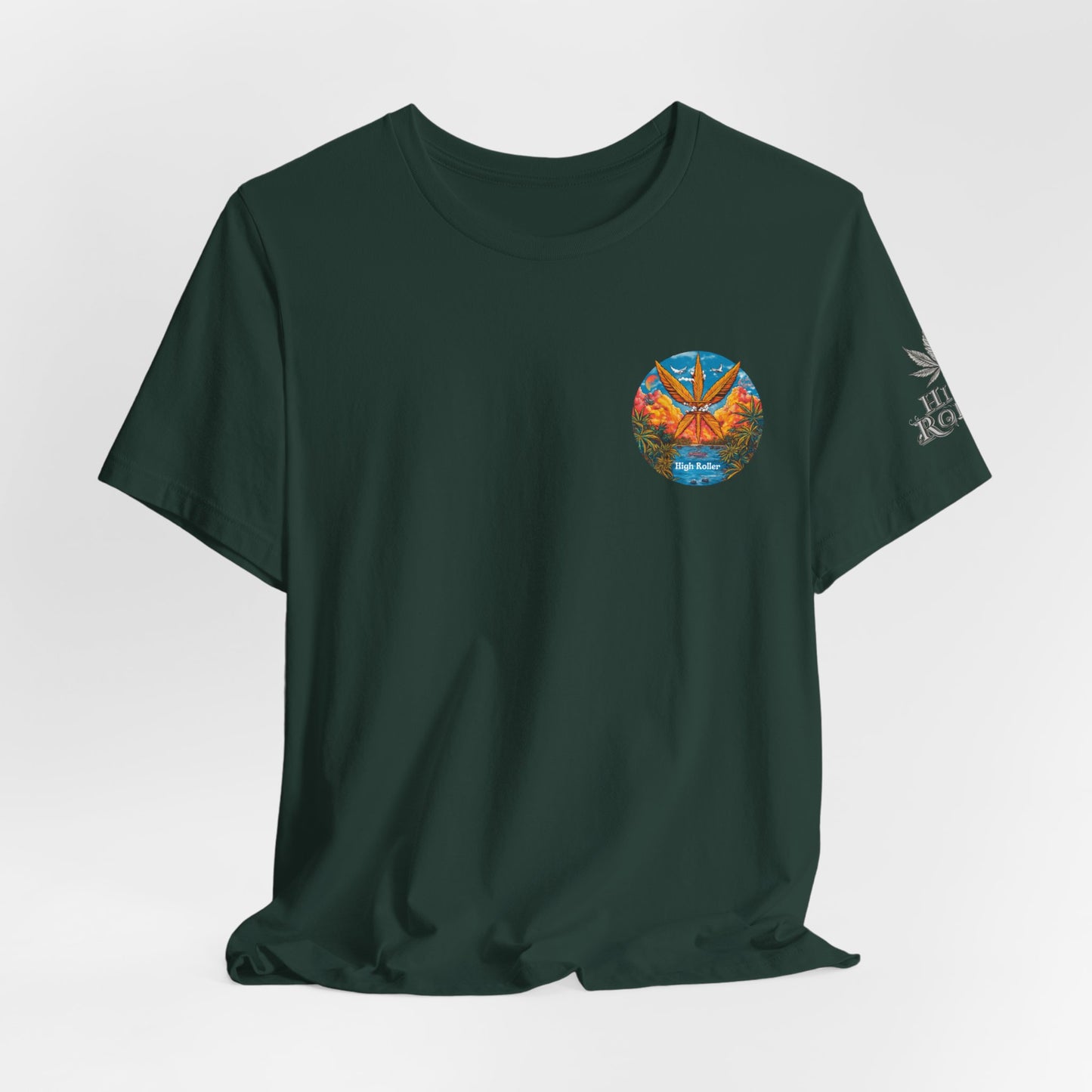 Cannabis Paradise Circle Tee - Tropical Sunset Art Design | High Roller