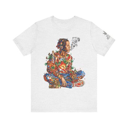 High Roller Meditation Mosaic Cannabis T-Shirt - Premium 420 Hip-Hop Zen Cross-Legged Street Culture Artistic Collage Apparel