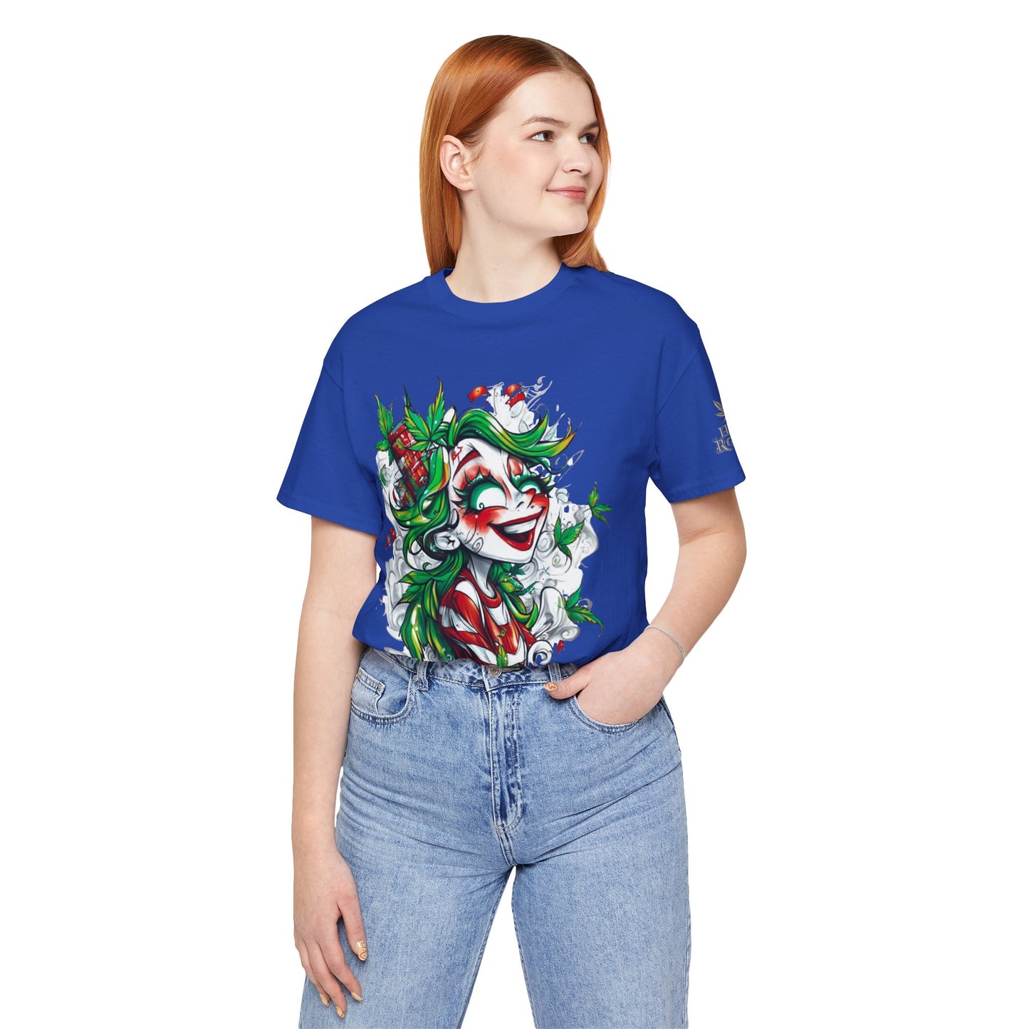 High Roller Jester Queen Cannabis T-Shirt - Premium 420 Harlequin Beauty Holiday Celebration Apparel